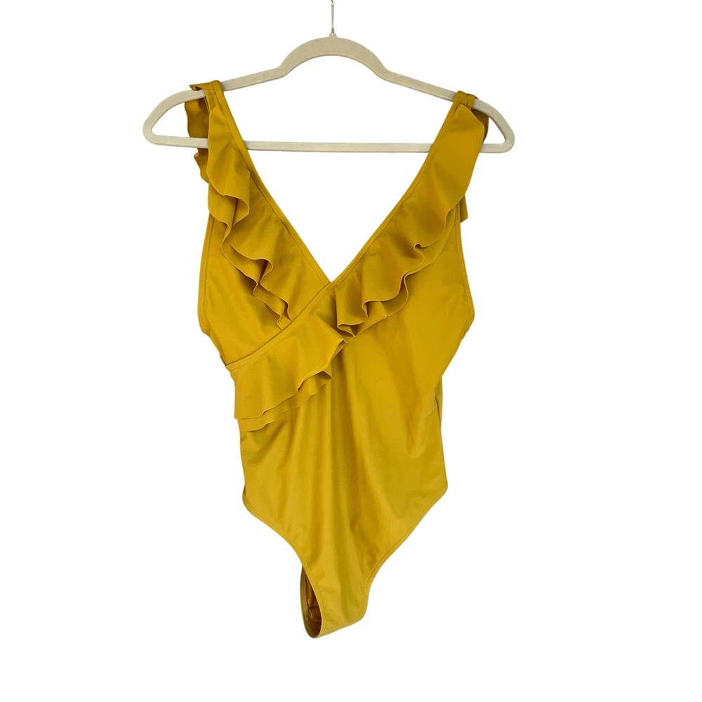 Asher Ruffle One Piece Swimsuit Plunge V Neck Open Back Mustard‎ Yellow Large